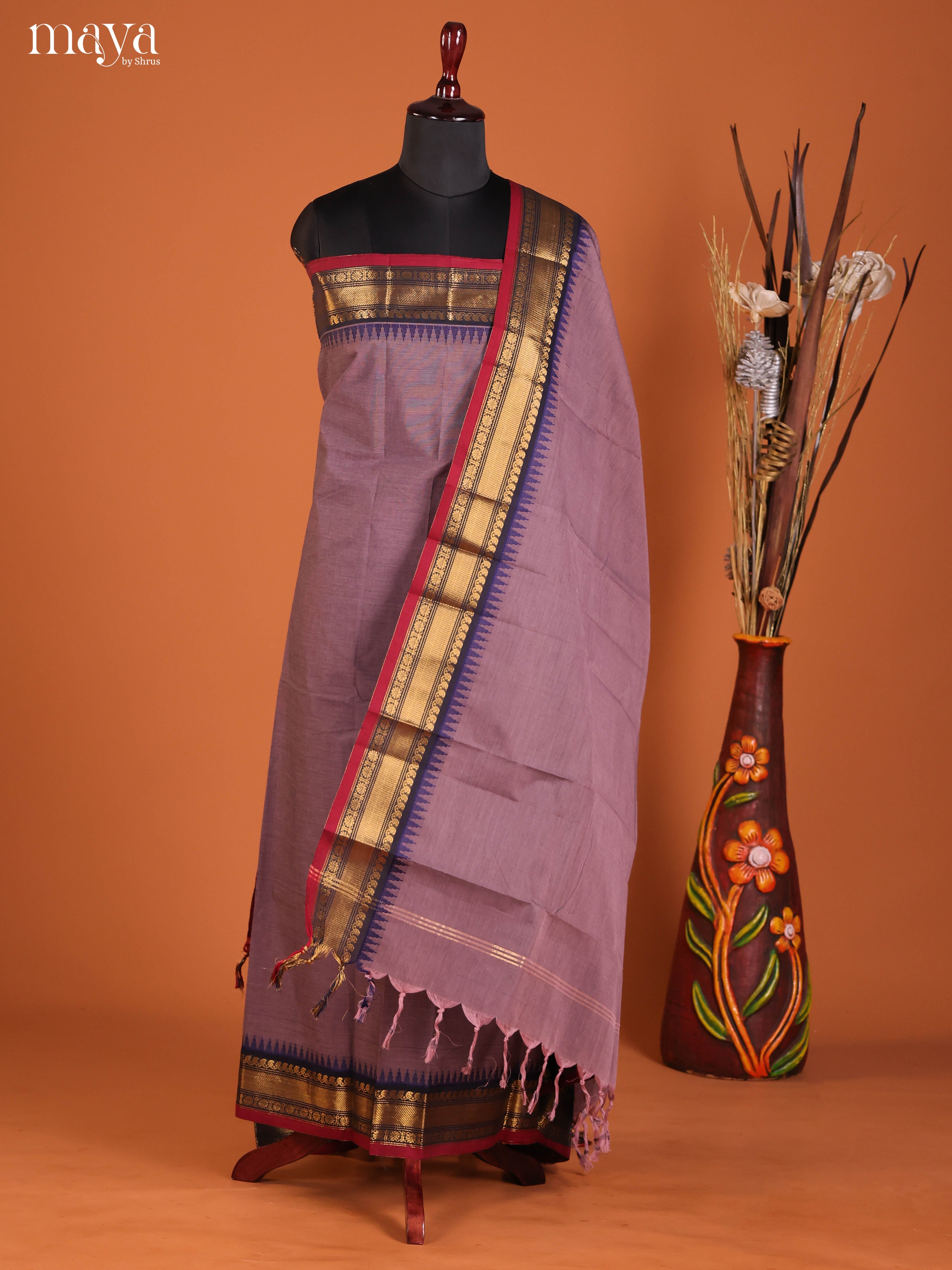 Ethnic Mauve Chettinad Cotton Salwar Material With Zari Border