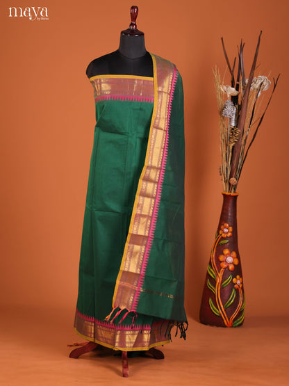 Exquisite Green Chettinad Cotton Top & Dupatta Set With Zari Border