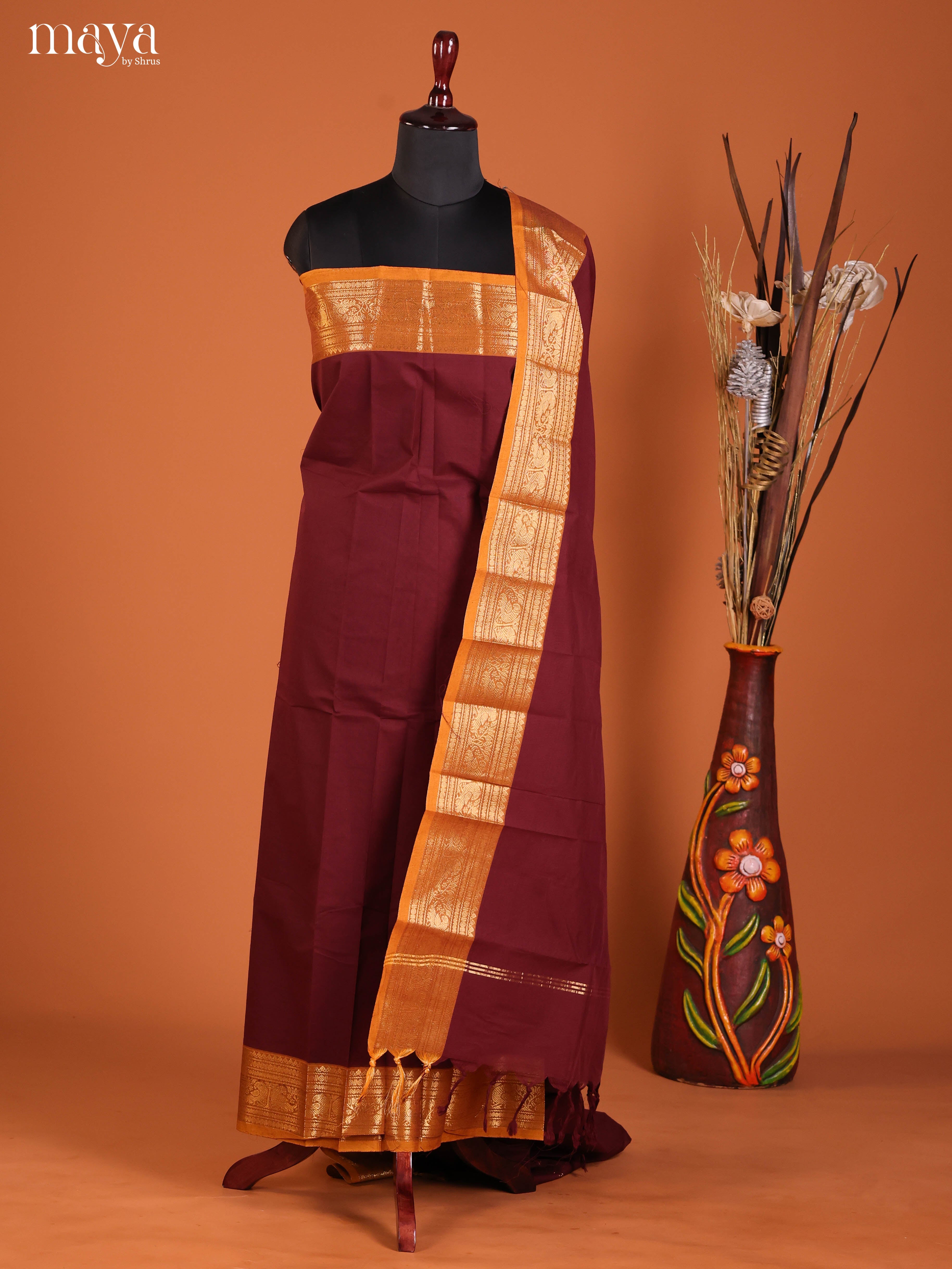 Classic Maroon Chettinad Cotton Salwar Material (Top & Dupatta Only)