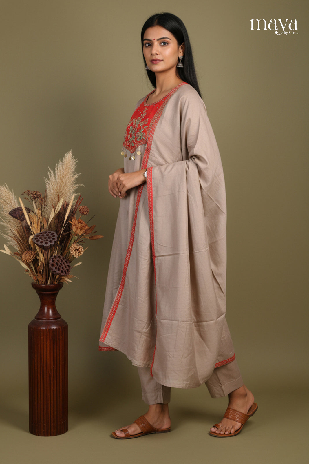 Pretty Grey Party Wear Salwar Suit With Red Embroidered Yoke Neck