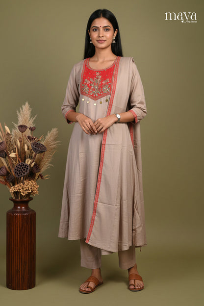 Pretty Grey Party Wear Salwar Suit With Red Embroidered Yoke Neck