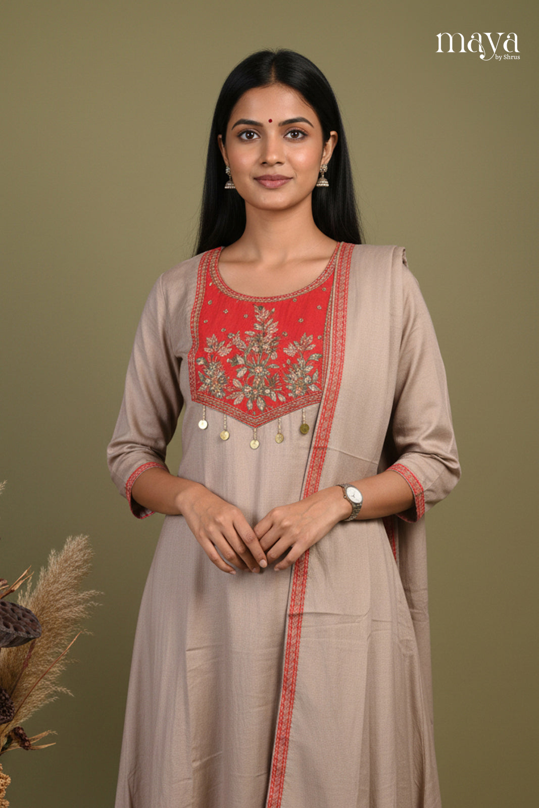 Pretty Grey Party Wear Salwar Suit With Red Embroidered Yoke Neck
