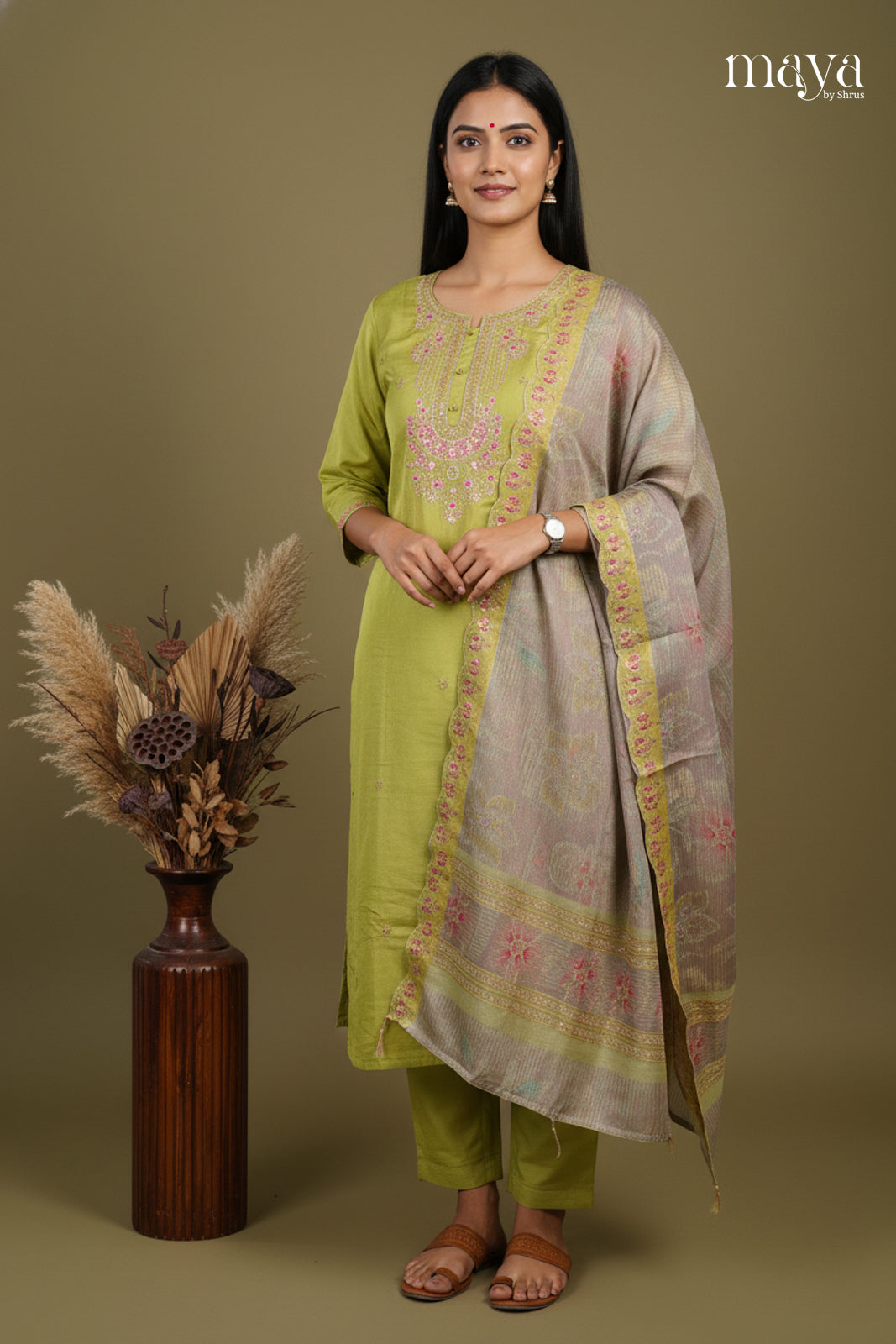 Exquisite Green & Grey Party wear 3 Piece Salwar Set With Embroidery