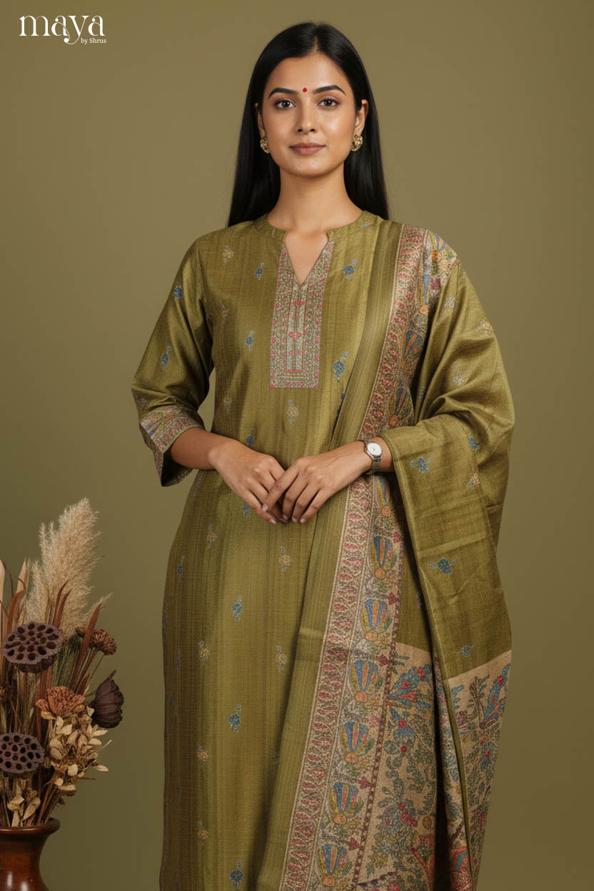 Chic Olive Green Heavy Salwar Suit For Wedding With Artistic Prints & Mandarin Collar