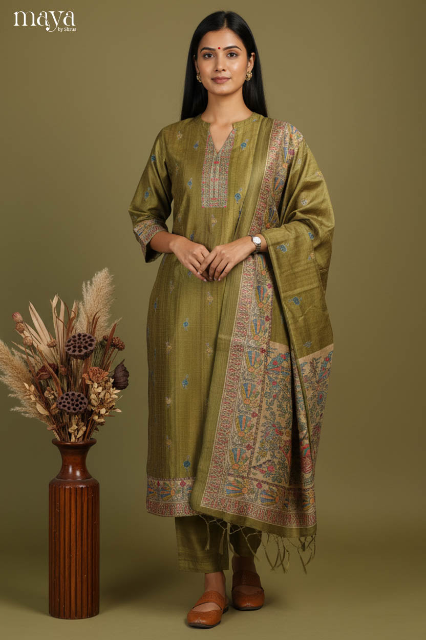 Chic Olive Green Heavy Salwar Suit For Wedding With Artistic Prints & Mandarin Collar
