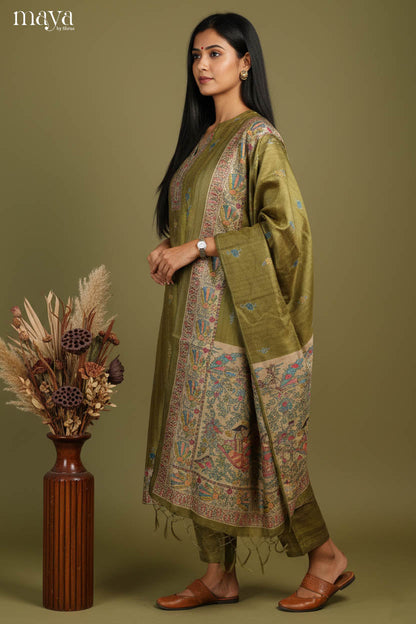 Chic Olive Green Heavy Salwar Suit For Wedding With Artistic Prints & Mandarin Collar