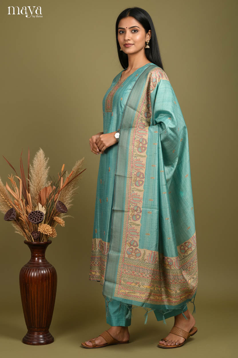 Vibrant Teal Madhubani Printed Semi Tussar Salwar Suit For Women