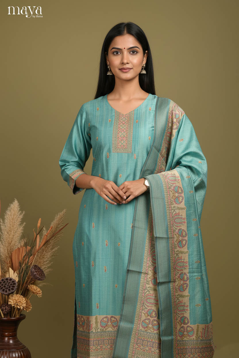 Vibrant Teal Madhubani Printed Semi Tussar Salwar Suit For Women