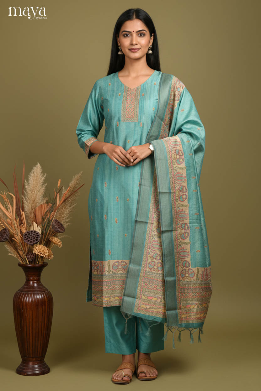 Vibrant Teal Madhubani Printed Semi Tussar Salwar Suit For Women