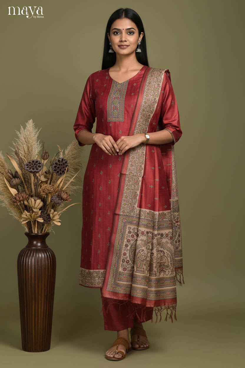 Stylish Maroon Readymade Salwar Set with Printed Design