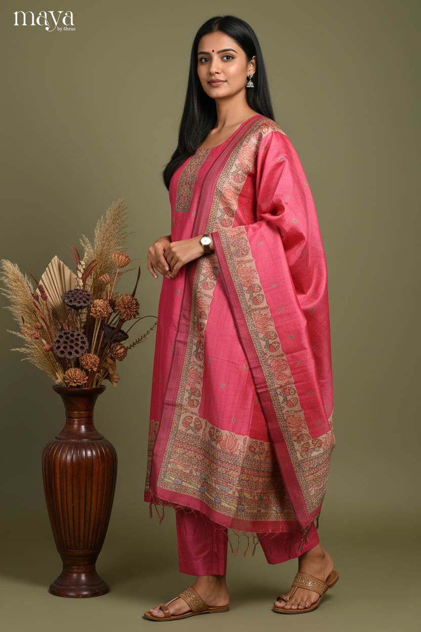 Pretty Pink Readymade Salwar Set with Printed Design & Dupatta