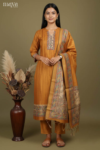 Classy Mustard Heavy Salwar Suit For Wedding With Artistic Prints & Mandarin Collars
