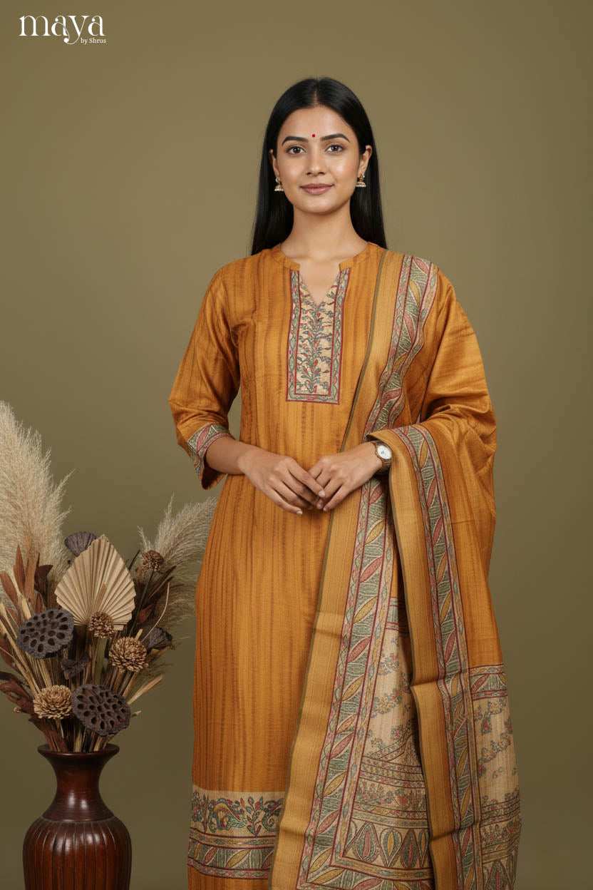 Classy Mustard Heavy Salwar Suit For Wedding With Artistic Prints & Mandarin Collars