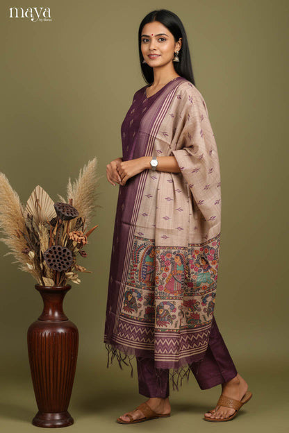 Exquisite Purple Readymade Salwar Set with Buttas & Beige Printed Dupatta