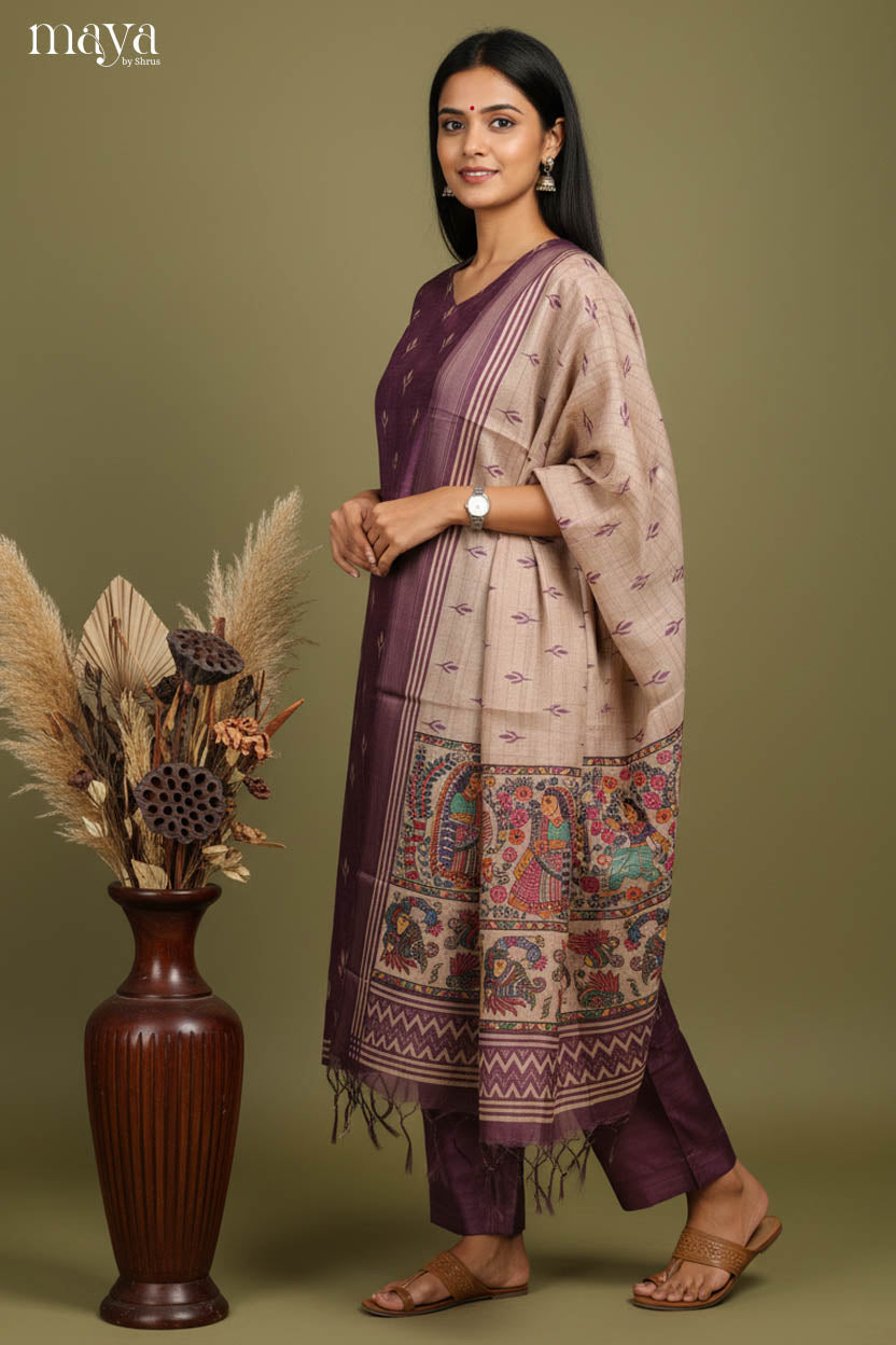 Exquisite Purple Readymade Salwar Set with Buttas & Beige Printed Dupatta