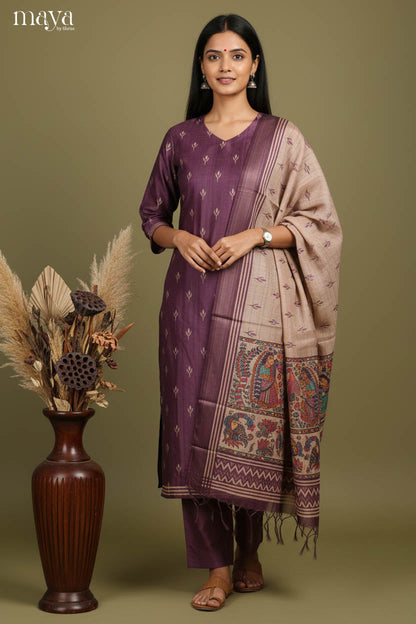 Exquisite Purple Readymade Salwar Set with Buttas & Beige Printed Dupatta