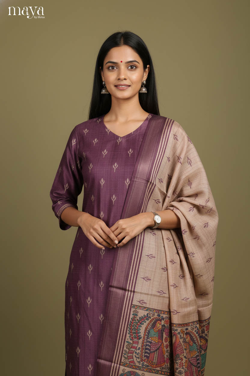 Exquisite Purple Readymade Salwar Set with Buttas & Beige Printed Dupatta