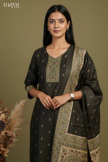 Striking Charcoal Heavy Salwar Suit For Wedding With Artistic Prints