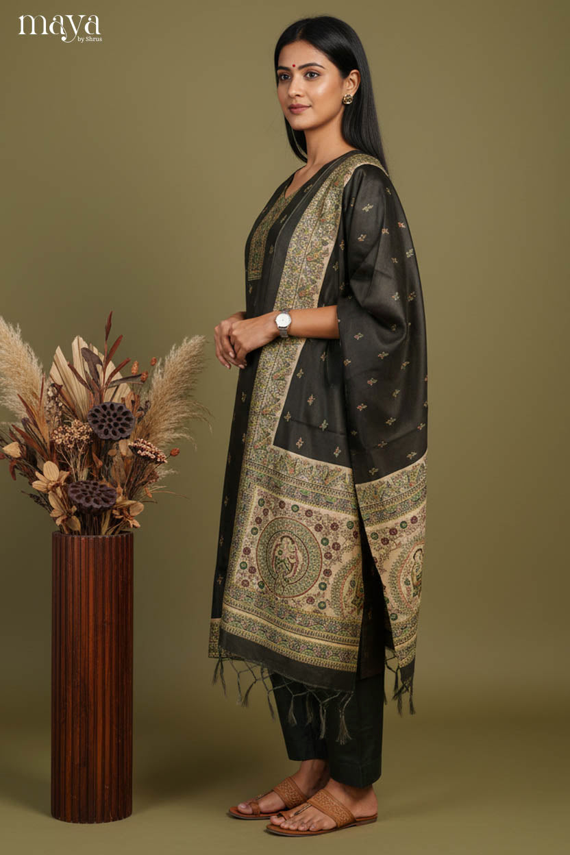 Striking Charcoal Heavy Salwar Suit For Wedding With Artistic Prints