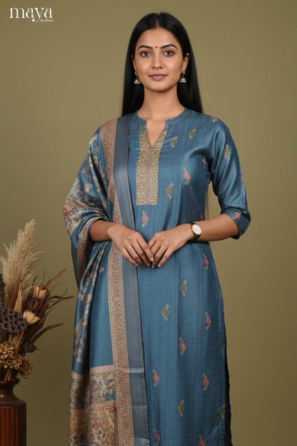 Luxurious Steel Blue Readymade Salwar Set with Mandarin Neck & Madhubani Prints