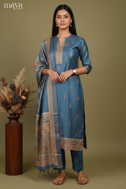 Luxurious Steel Blue Readymade Salwar Set with Mandarin Neck & Madhubani Prints