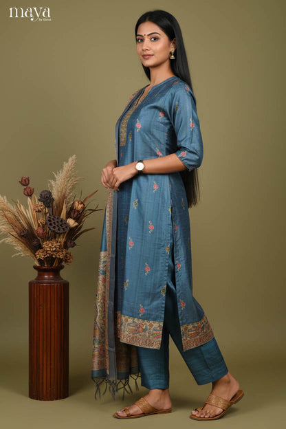 Luxurious Steel Blue Readymade Salwar Set with Mandarin Neck & Madhubani Prints