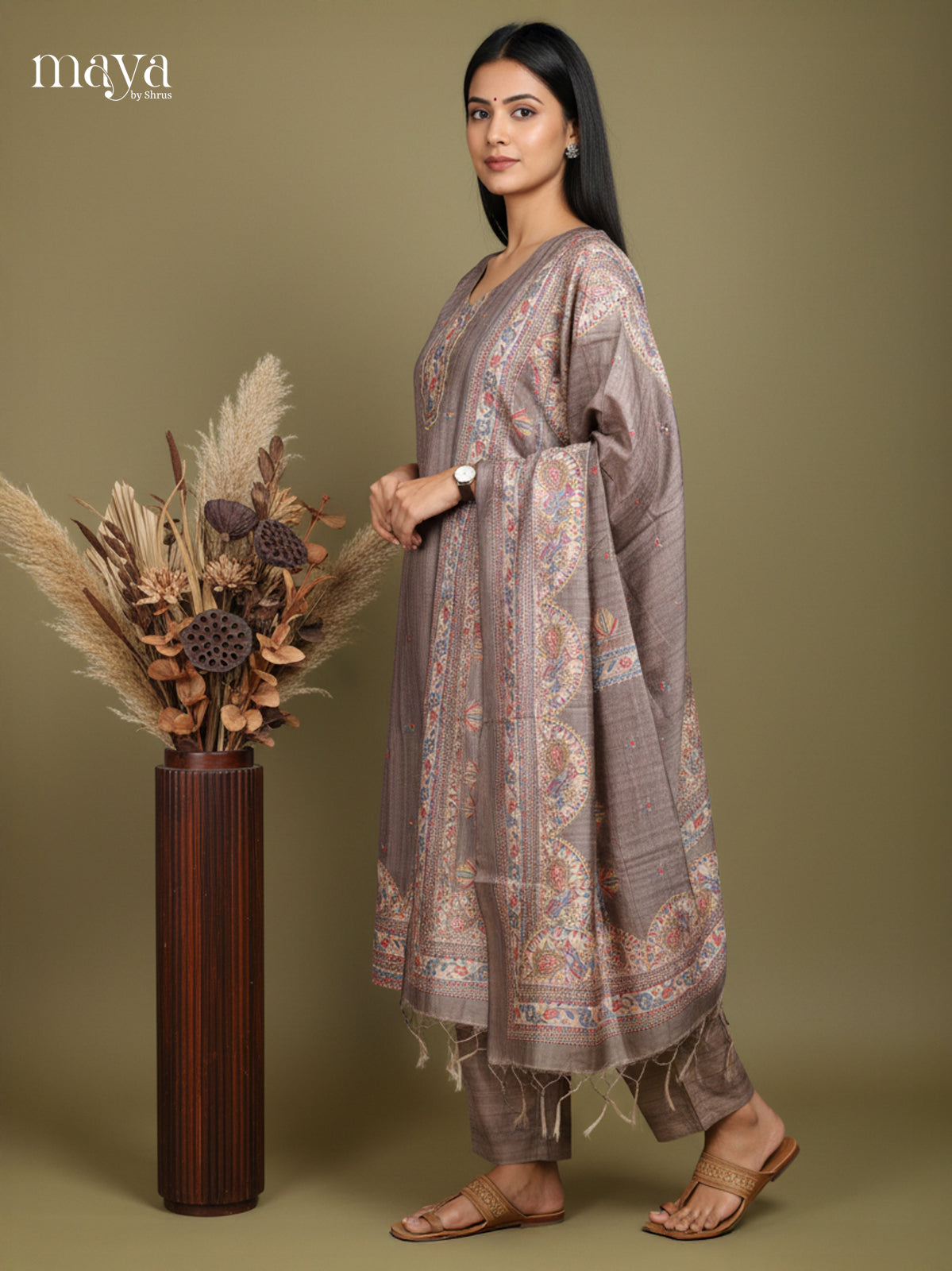 Grey - Madhubani Printed Readymade 3 Piece Salwar Set