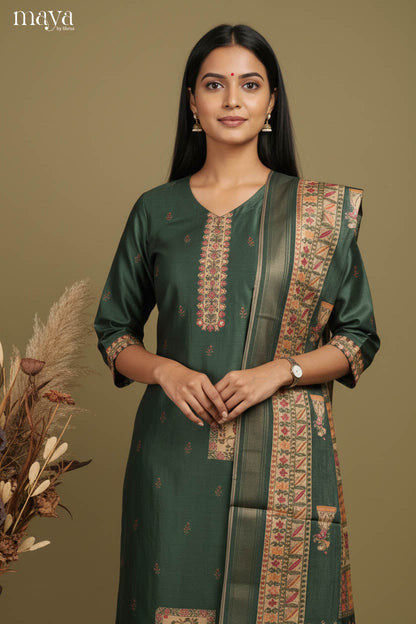 Elegant Dark Green Madhubani Printed Semi Tussar Salwar Suit For Women