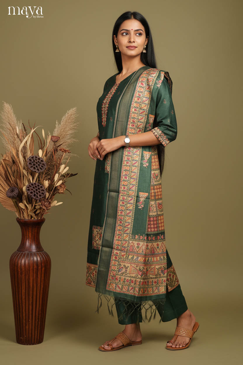 Elegant Dark Green Madhubani Printed Semi Tussar Salwar Suit For Women