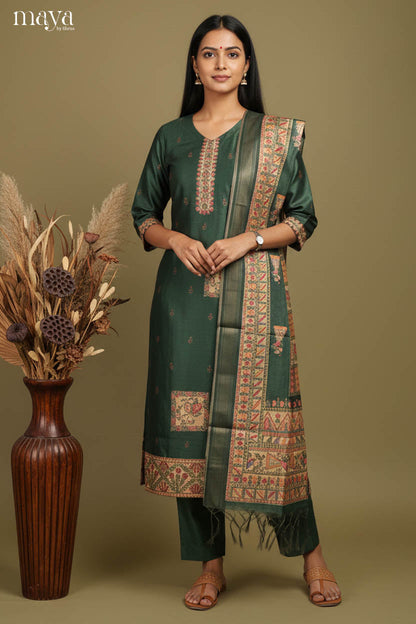 Elegant Dark Green Madhubani Printed Semi Tussar Salwar Suit For Women
