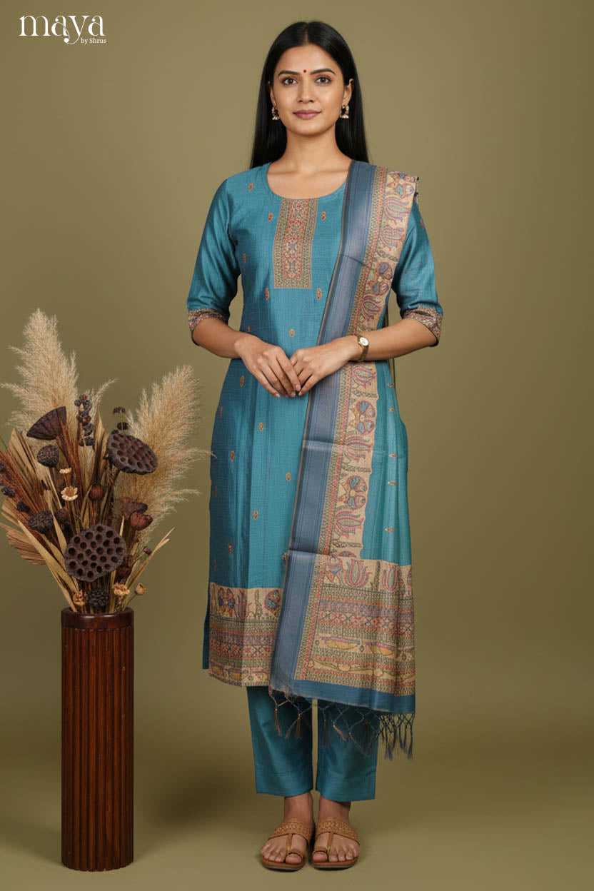 Pretty Teal Blue & Beige Kalamkari Printed Readymade 3 Piece Salwar Set