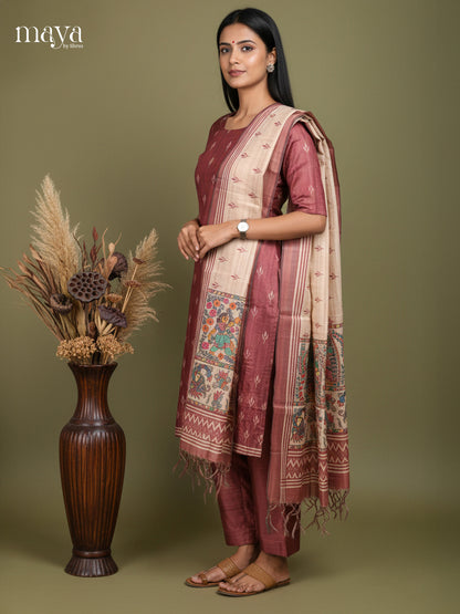 Beautiful Maroon & Cream Kalamkari Printed Readymade 3 Piece Salwar Set