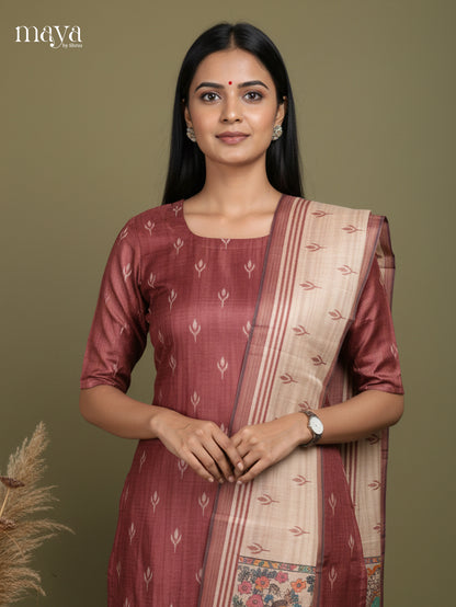 Beautiful Maroon & Cream Kalamkari Printed Readymade 3 Piece Salwar Set