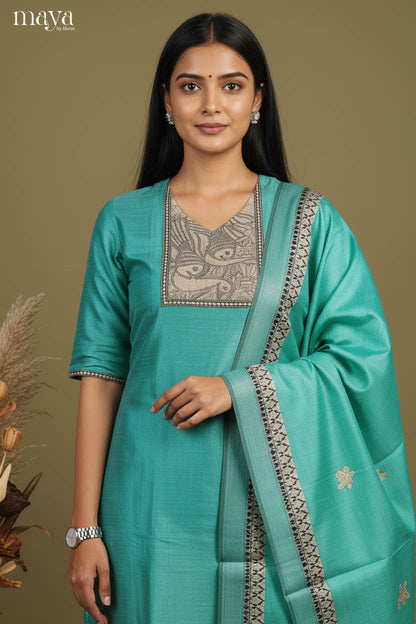 Stunning Teal Salwar Suit With V Neck & Kalamkari Printed Yoke Neck