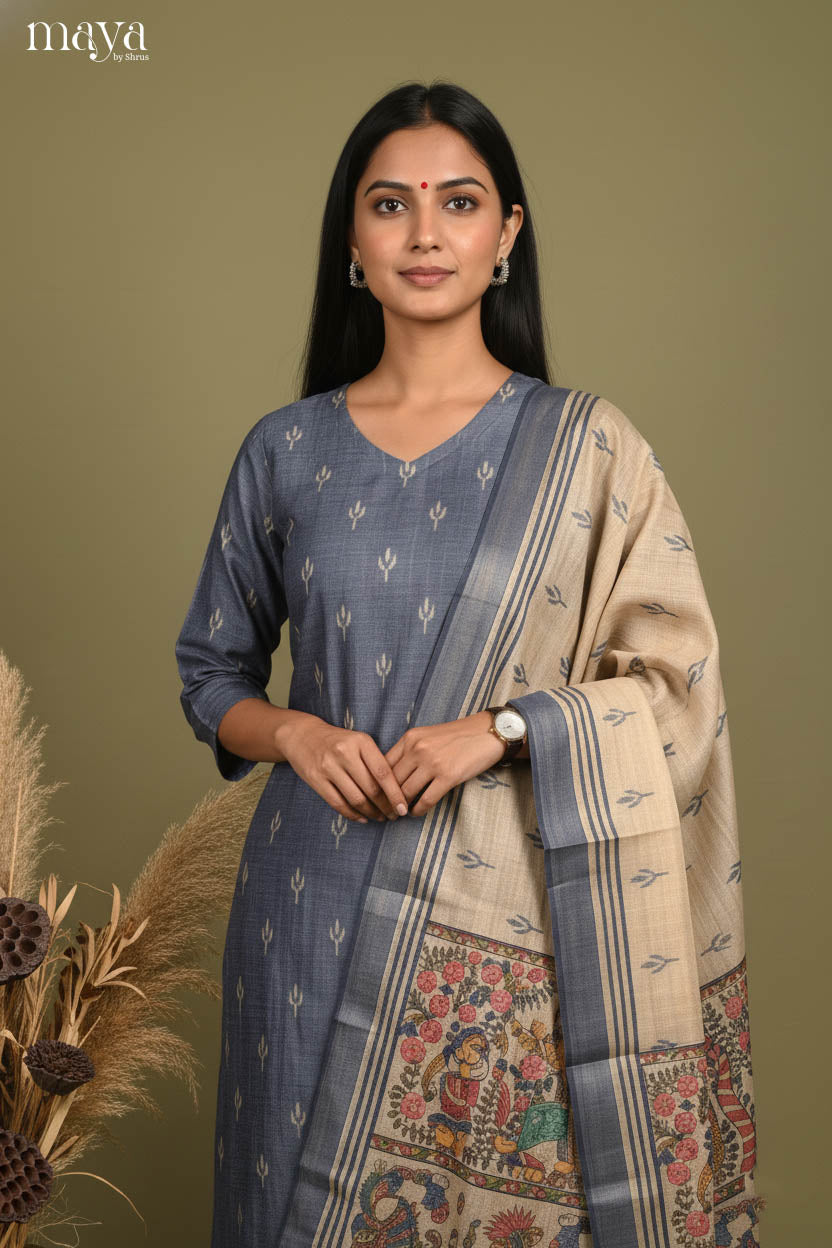 Exquisite Grey Readymade Salwar Suit Set with Kalamkari Prints