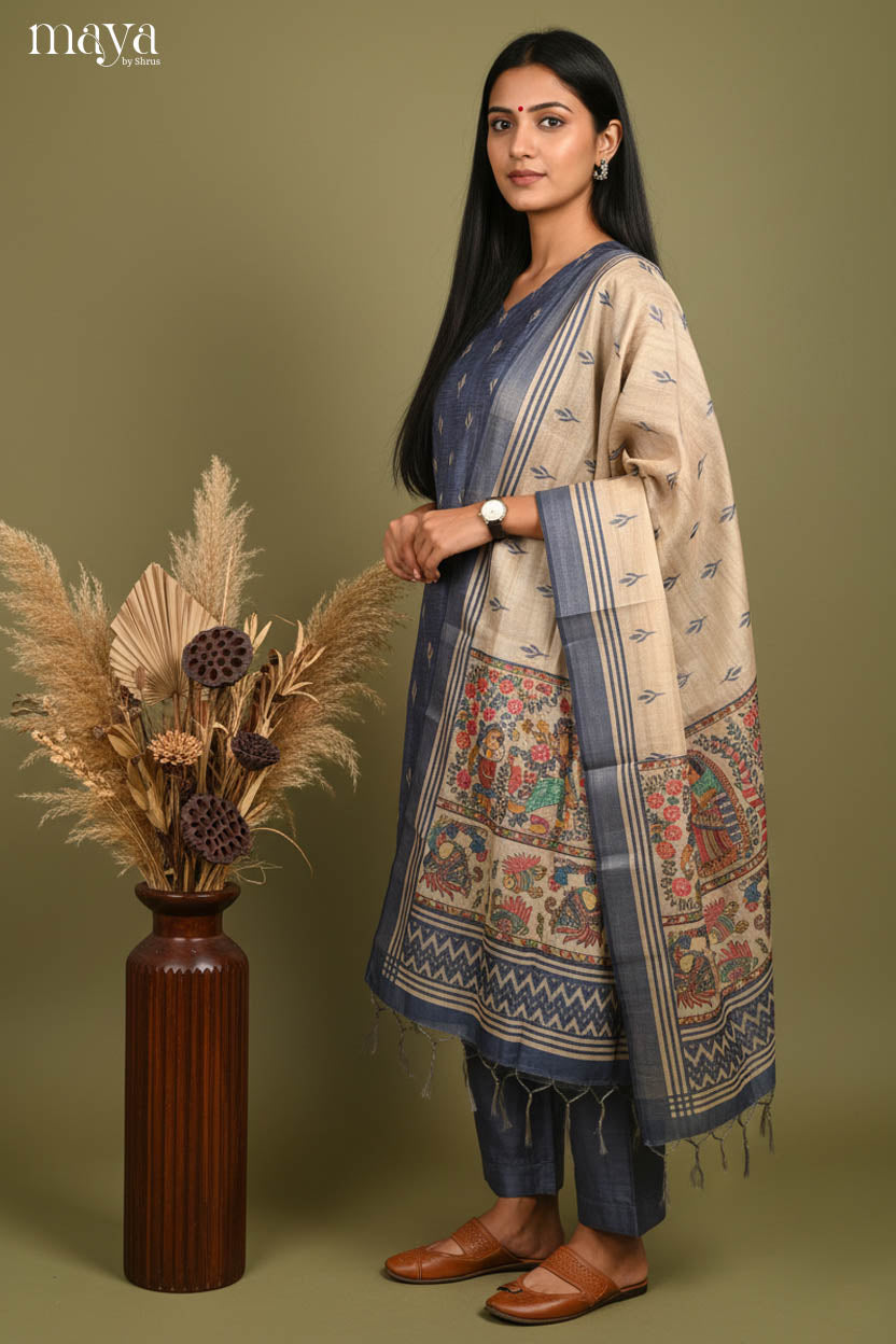 Exquisite Grey Readymade Salwar Suit Set with Kalamkari Prints