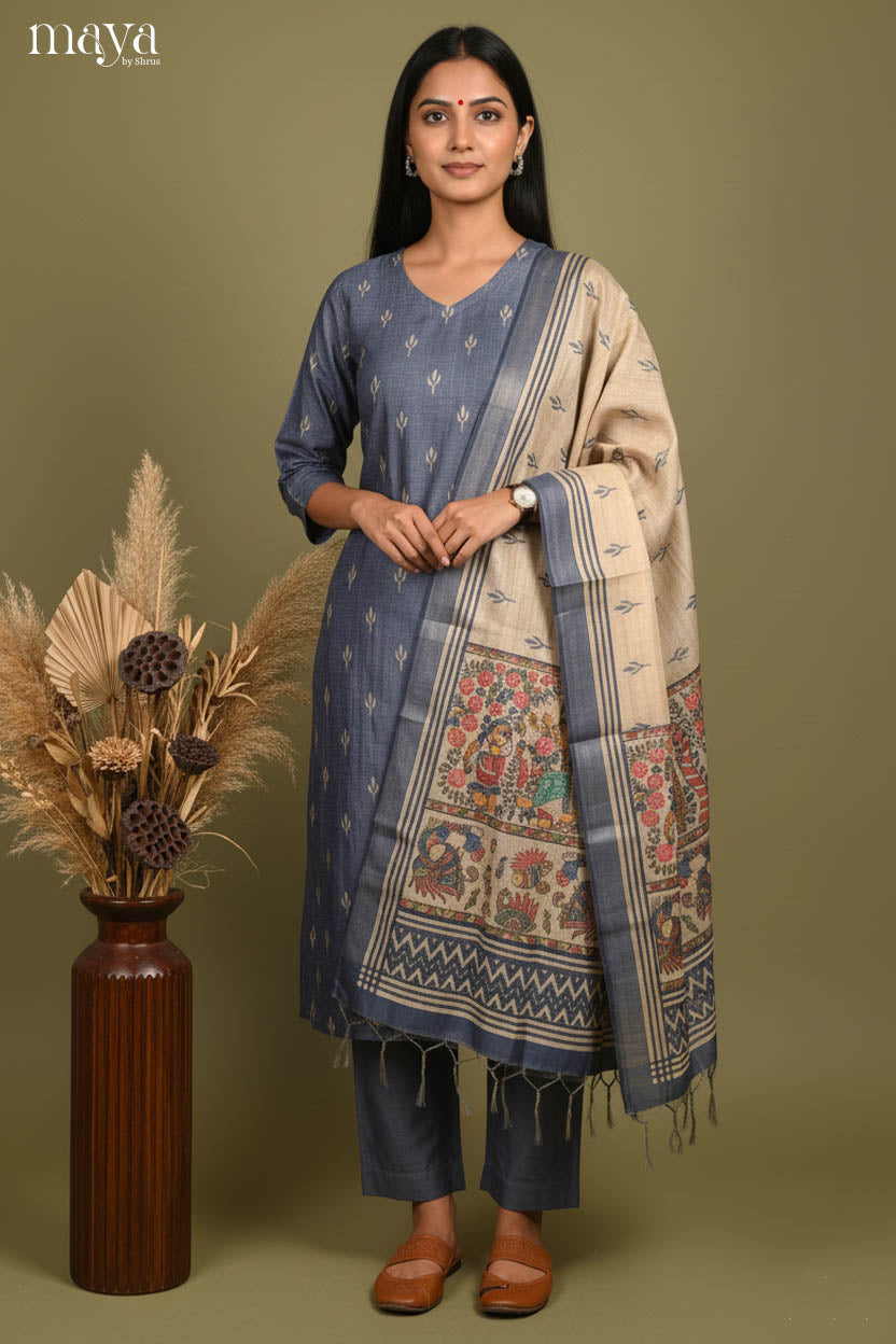 Exquisite Grey Readymade Salwar Suit Set with Kalamkari Prints