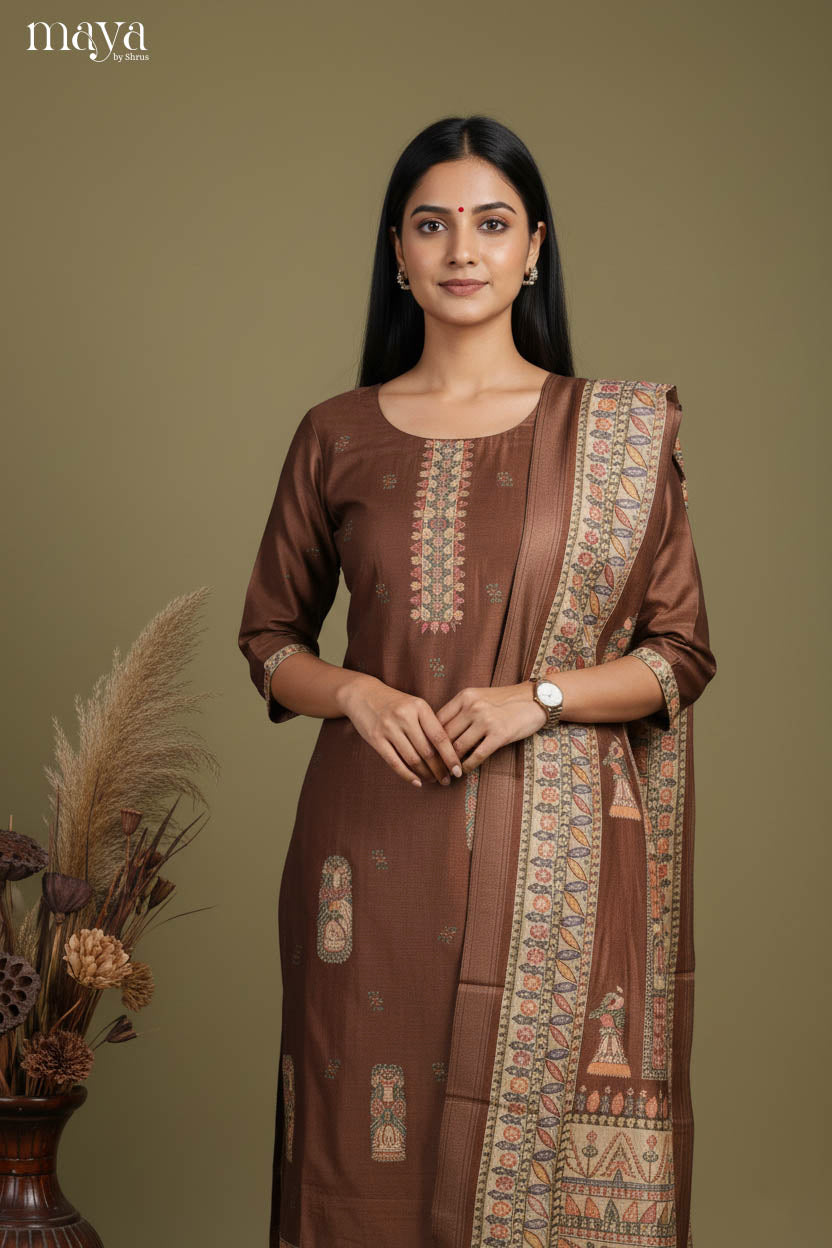 Classy Brown Readymade Salwar Set with Printed Design & Dupatta