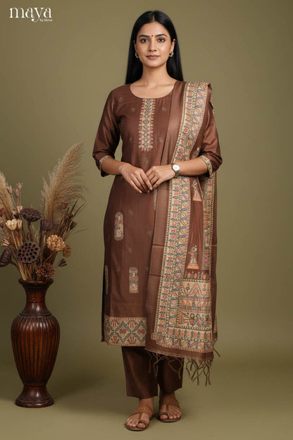 Classy Brown Readymade Salwar Set with Printed Design & Dupatta