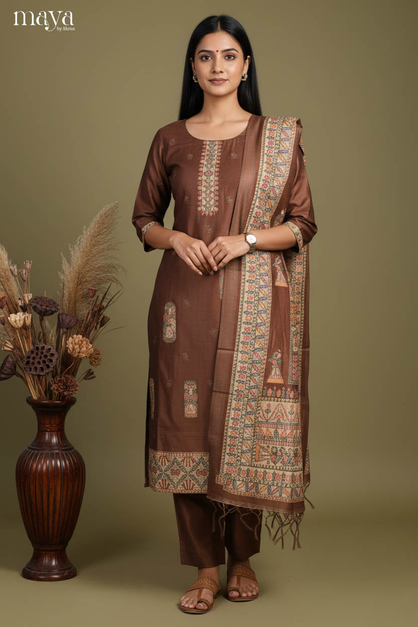 Classy Brown Readymade Salwar Set with Printed Design & Dupatta