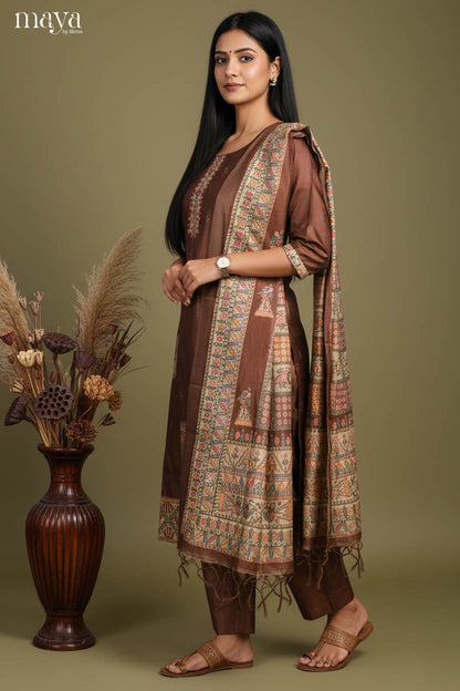 Classy Brown Readymade Salwar Set with Printed Design & Dupatta