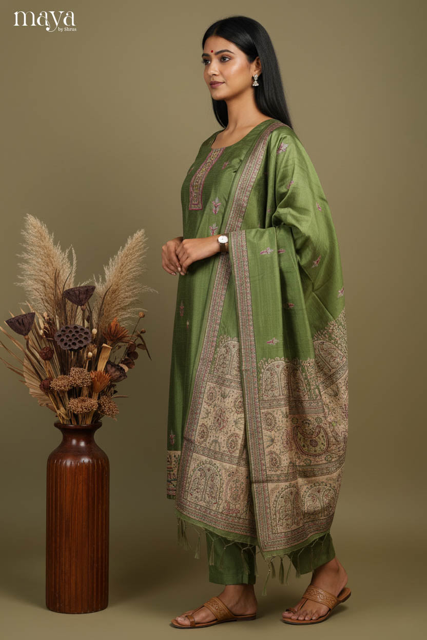 Exquisite Olive Green Readymade Salwar with Round Neck & Madhubani Prints