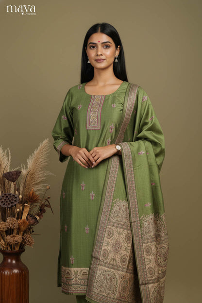 Exquisite Olive Green Readymade Salwar with Round Neck & Madhubani Prints