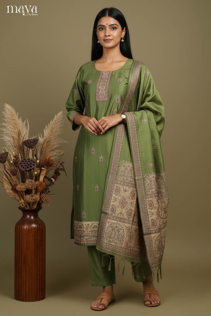 Exquisite Olive Green Readymade Salwar with Round Neck & Madhubani Prints