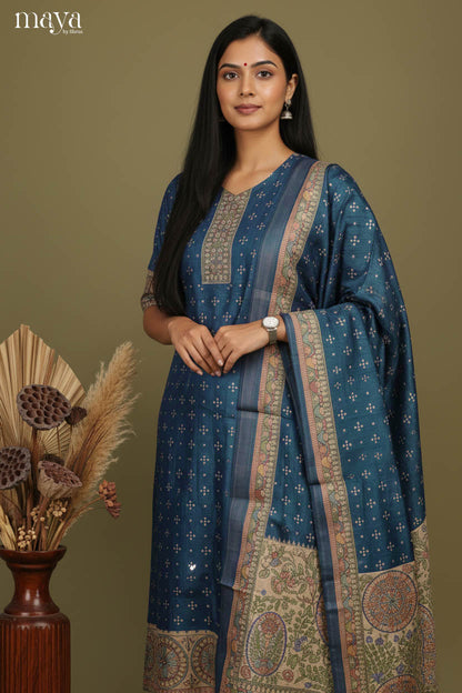 Elegant Teal Blue Readymade Salwar Suit Set with Madhubani Prints