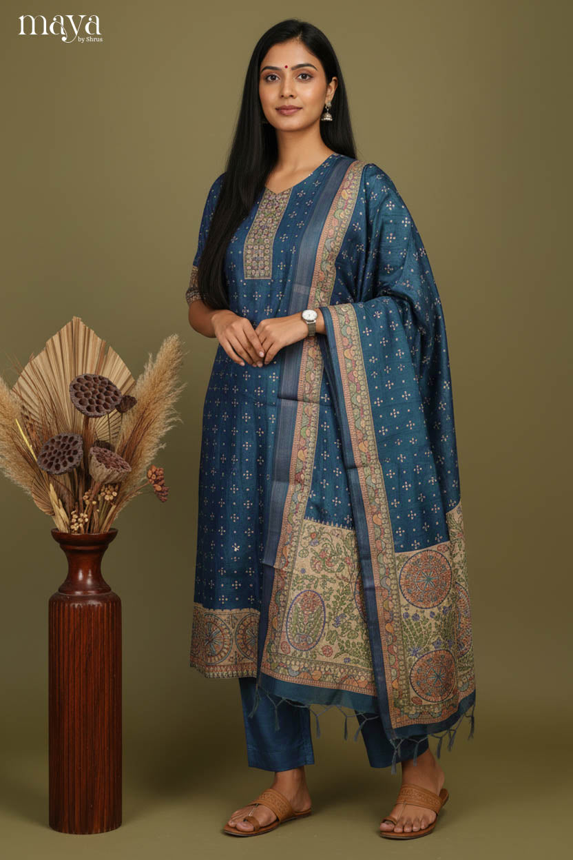 Elegant Teal Blue Readymade Salwar Suit Set with Madhubani Prints