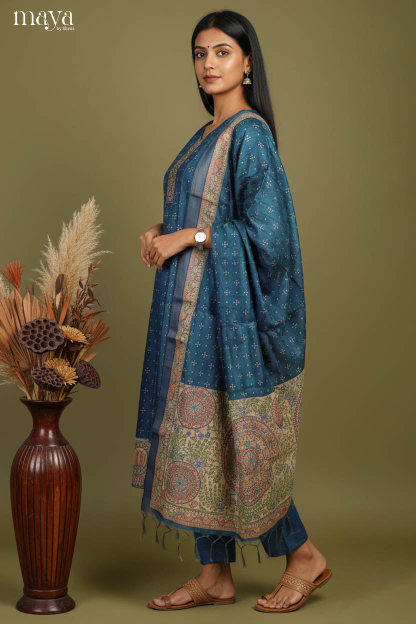 Elegant Teal Blue Readymade Salwar Suit Set with Madhubani Prints