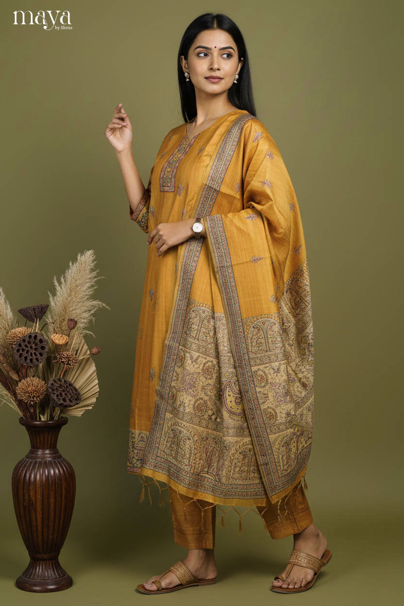 Luxurious Mustard Readymade Salwar Suit Set with Madhubani Prints