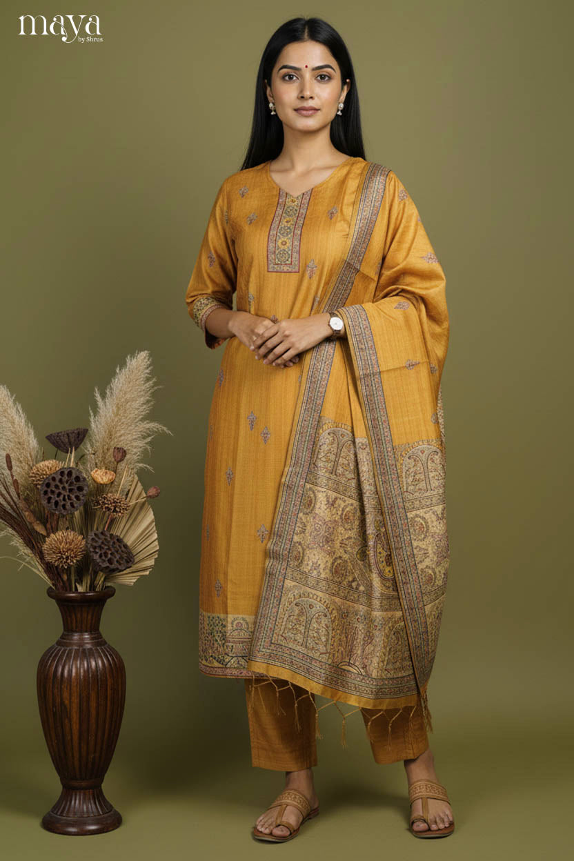 Luxurious Mustard Readymade Salwar Suit Set with Madhubani Prints