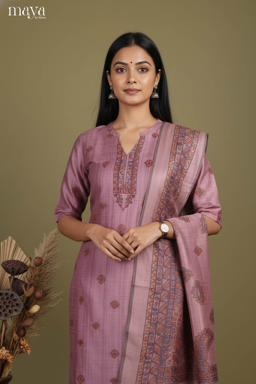 Charming Cotton Lilac Salwar Set with Printed Design, matching pant & dupatta